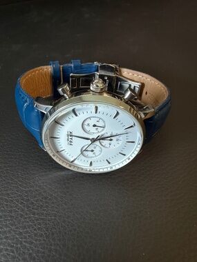Grand Frank Quartz Montpellier White Chronograph Blue Leather Strap Watch